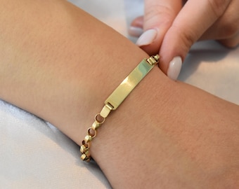 14K Gold ID Bracelet,Unisex Nameplate Jewelry, Gold Cuban Link Bracelet,Customized Gold Bracelet,Engravable Name Bracelet,Medical Name ID