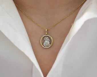 14K Solid Gold Orthodox Mary and Jesus,Greek Constantine Necklace,Medallion Necklace,Ancient Coin Pendant,Cristian Necklace,Dainty Pendant