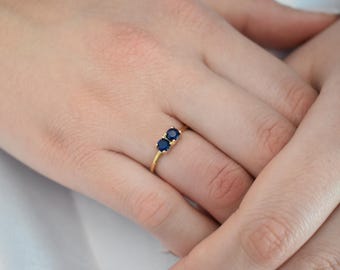 14K Solid Gold Thin Minimalist Ring–Two Round Dark Blue Zircons,Stackable Jewellery Ring,Gold Band,Wedding & Engagement Minimal Ring for Her