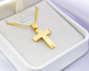 9K Solid Gold Cross Pendant with 14K Chain – Double-Sided Hammered & Polished Cross – Christian Necklace for Men or Women – Baptism Gift