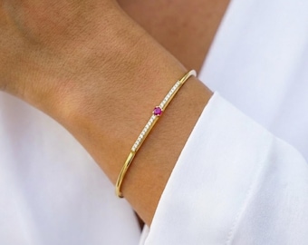 14K Gold Ruby Bangle Bracelet,Gold Ruby Bracelet,Birthstone Bracelet,Ruby Bracelet,Dainty Adjustable Bracelet,Gift for Mom & Her