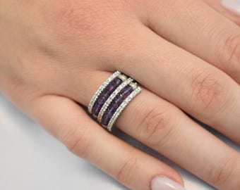 18K Solid Gold Ring with Two Rows of Rotating Amethysts,Elegant Unique Design Stackable Jewellery Ring,18K Wedding Ring for Her