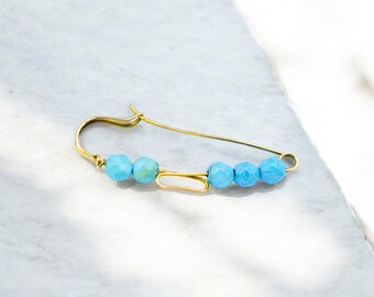 14K Gold Pin Baptism Turquoise Gemstone and Customizable Hook for Versatile Elegance and Personal Expression, Gift for women
