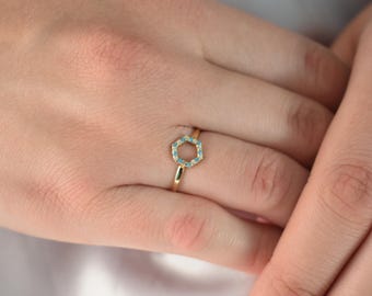 14K Solid Gold Turquoise Ring,Gold Thin Ring,Dainty Gold Ring,Stackable Jewellery Ring,Gold Band,14K Wedding Minimalist Ring for Her