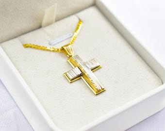 14K Gold Cross Pendant with White and Yellow Gold Finish,Elegant Textured Design ,Handmade Religious,Women’s Men’s Cross,Baptism Gift