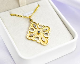 14K Byzantine Cross Pendant with Sapphire & White Zircon | Solid Gold Orthodox Jewellery,Religious Gift for Baptism or Easter,Unisex Cross
