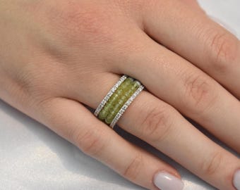 18K Solid Gold Ring with Two Rows of Rotating Peridots,Elegant Unique Design Stackable Jewellery Ring,18K Wedding & Engagement Ring for Her