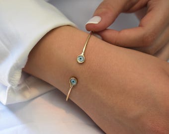 14K Gold Evil Eye Bracelet,Bangle Mother of Pearl Evil Eye,Lucky Bracelet,Blue Eye Bangle,Protective Gift for Everyday Use,Gold Eye Bracelet