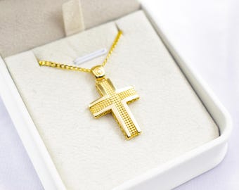 14K Gold Polished Cross Pendant with Textured Center | Elegant Double-Sided Design | Men’s & Women’s Necklace Option , Baptism Gift