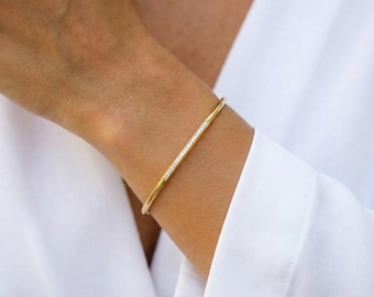 14K Gold Bar Bracelet, CZ or VVS1 Diamond Bangle,Dainty Gold Cuff, Custom Size,Gift for Her,Minimalist Gold Jewellery for Women Gift for Her
