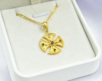 Byzantine 14K Solid Gold Cross Pendant with Multi Coloured red CZ Stones,Black Center Stone | Textured Finish | Orthodox Christian Jewellery