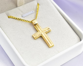 Handcrafted 14K Gold Cross Pendant Textured Design,Elegant Hollow Back Crucifix,Orthodox Christian Jewellery,Baptism Gift,Men & Women Chain