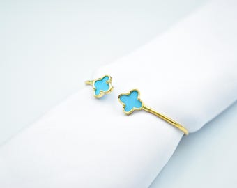 14K Clover Bangle Bracelet,Clover Turquoise Bangle,Dainty Bracelet,Clover Bracelet,Gift for Her,Minimalist Bracelet,Clover Gold Cuff Bangle
