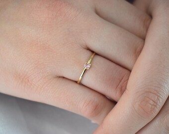 14K Solid Gold Thin Minimalist Ring–Light Pink Zircon, Stackable Jewellery Gold Ring,14K Wedding & Engagement Stacking Ring,Gift for Her