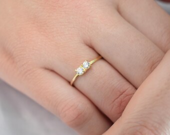 14K Solid Gold Thin Minimalist Ring–Two Round White Zircons,Stackable Jewellery Ring,Gold Band,Wedding & Engagement Stacking Ring for Her