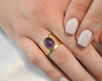 14K Solid Gold Amethyst Ring,Elegant Unique Design Stackable Jewellery Ring,14K Wedding Ring for Her,14K Amethyst Ring,Cabochon Amethyst