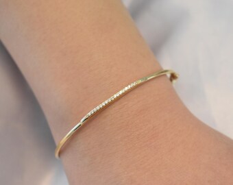 14K Gold Pave Bar Bracelet,14k Gold Everyday Bracelet Women,Ladies Dainty Line Bracelet,Stacking Bracelet Gift for Mom & Her