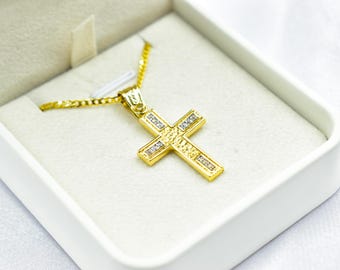 14K Solid Gold Cross Pendant with Zircon,Hammered Texture,Optional 14K Chain,Handmade Religious Jewellery,Women’s Men’s Cross,Baptism Gift