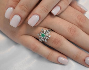 14K Solid Gold Emerald Ring,Vintage Retro Ring,Engagement & Wedding Gold Ring,Statement Ring,Stackable Gold Ring,Gift for Her