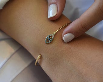 14K Gold Evil Eye Bangle Bracelet Turquoise,Gold Protective Bangle,Navy Evil Eye Gold Bangle Bracelet,Gold Bracelet for Mom & Her