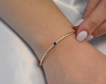 14K Gold Sapphire Bangle Bracelet,Sapphire Bracelet,Birthstone Bracelet,Forever Unique Design, Dainty Adjustable Bracelet,Bracelet For Women