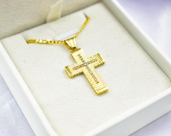 14K Gold Textured Cross Pendant with White Zircon Stones | Reversible Design | Elegant Christian Jewellery for Men  Women,Orthodox Cross