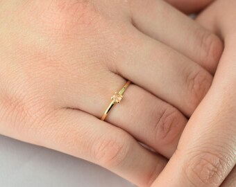 14K Solid Gold Thin Minimalist Ring–Light Yellow Zircon,Stackable Jewellery Gold Ring,14K Wedding & Engagement Stacking Ring,Gift for Her