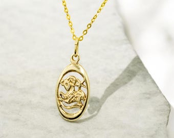 14K Solid Gold Zodiac Sign Pendant Aries Necklace - Aries Zodiac Jewelry, Horoscope Necklace,Astrology Gold Pendant,14K Zodiac Birth Charm