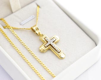 Elegant 14K Gold Cross Necklace with Sparkling Cubic Zirconia – Solid Gold Religious Pendant for Men & Women, Baptism or Christening Gift