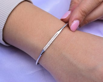 14K White Gold Diamond Bangle Bracelet, Natural Diamond VS/SI Gold Bangl,White Gold Cuff Bangle,Gold Bangle Bracelet