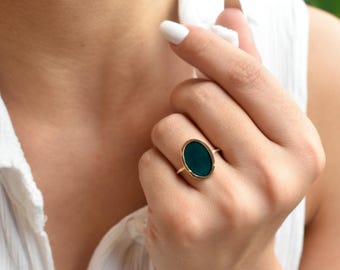 14K Solid Gold Green Enamel Ring,Chunky Gold Ring,Adjustable Ring,Stackable Ring,Unisex Elegant Ring,Karma Ring,Color Jewellery,Gift for Her