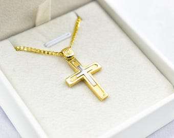 14K Gold Double Cross Pendant with Chain,Elegant Reversible Design,Unisex Christian Jewellery Men’s & Women’s Necklace Option,Baptism Gift