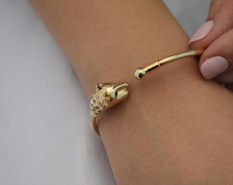 14K Panther Head Bangle Bracelet,14K Gold Bangle Panther Head Bracelet,Ancient Greece,Gold Animal Bangle,Animal Jewellery,Animal Lucky Jewel