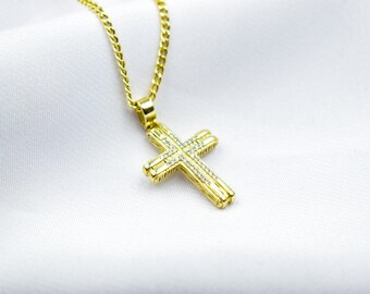 14K Solid Gold Cross Pendant,Necklace with Zircon,Elegant Christian Pendant,Baptism Religious Faith Jewelry,Godfather-Godmother Gift