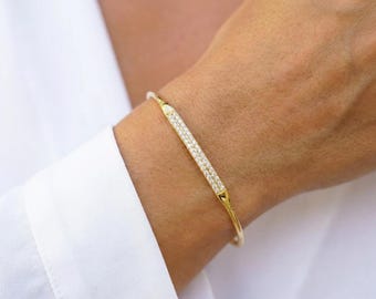 14K Gold Cuff Bracelet with CZ or Diamonds, Dainty Pave Bangle, Minimalist Gold Bracelet, Adjustable Gift for Her, Stacking Jewelry