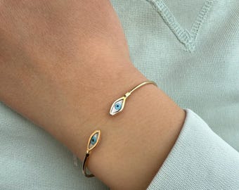 14K Gold Evil Eye Bracelet,Mother of Pearl Evil Eye,Lucky Bracelet,Blue Eye Bangle,Protective Gift for Everyday,Gold Gift for Mom & Her