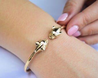 14K Diamond Panthers Head Bangle Bracelet,14K Gold Bangle Panther Head Bracelet,Gold Animal Bangle,Animal Jewellery,14K Animal Bangles