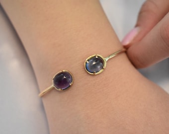14K Gold Bracelet Amethyst,Dainty Natural Amethyst Bangle Bracelet,Custom Gold Bangle,Graduation Gift for Her,Wedding & Engagement Gift