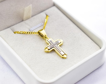 14K Solid Gold Cross Pendant White Zircon Stones,Two-Tone Yellow-White Gold Finish,Optional 14K Chain,Elegant Christian Gift for Men & Women