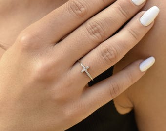 14K White Solid Gold Ring,Cross Ring,Thin Band Ring,Zircon Ring,Elegant Jewelry,Unique Fashion Ring,Handmade Gold Ring,Cross Ring for Her