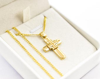 14K Solid Gold Cross Pendant for Men & Women, Yellow Gold Religious Necklace, Orthodox Baptism Cross, Handmade Fine Gold Jewelry Gift