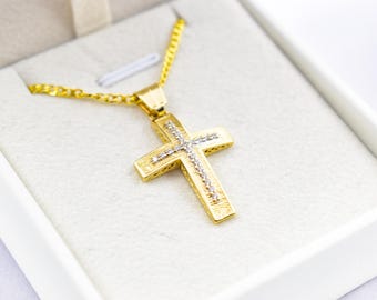 14K Gold Cross Pendant with Zircon Stones | Handcrafted Christian Jewellery | Dual-Sided Design | Includes 14K Gold Chain,Baptism Gift