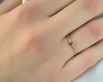 14K Solid Gold Thin Minimalist Ring–Round Small Purple Zircon,Stackable Jewellery Ring,Gold Band,Wedding & Engagement Ring for Her