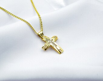 14K Solid Gold Cross Necklace,Unisex Solid Gold Large Cross Necklace,Plain Gold Cross Charm, Christian Pendant,Radiant Religious Gold Cross