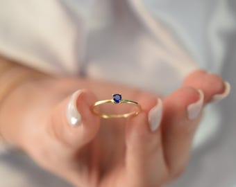 14K Solid Gold Thin Minimalist Ring–Dark Blue Zircon, Stackable Jewellery Gold Ring,14K Wedding & Engagement Ring for Her
