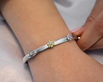 14K White Solid Gold Bracelet,Gold Bangle Bracelet,Birthstone Bangle for Women,Wedding Bracelet,Cubic Zircon Bracelet,Gold Flower Bracelet