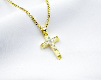 14K Solid Gold Cross Necklace Sparkling Zircon Stones,Elegant Christian Pendant, Religious Gold Cross,14K Gold Cross Charm,Necklace Cross