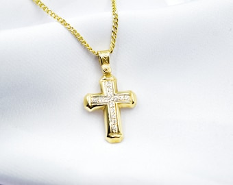 14K Solid Gold Cross,Necklace Sparkling Zircon Stones,Elegant Christian Pendant, Unisex Religious Gold Cross,Gold Cross Charm,Necklace Cross