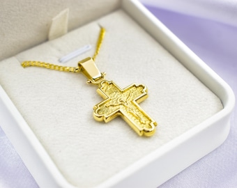 14K Solid Gold Crucifix Cross Pendant – Raised Jesus Figure – Double-Sided – Embossed Back –14K Gold Chain Option–Orthodox Christian Jewelry