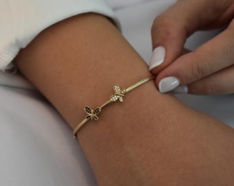 14K Gold Butterfly Bracelet,14K Bangle Bracelet Butterfly Bangle,Gold Zircon Butterflies Bracelet,Minimalist Bracelet,Bracelet For Women